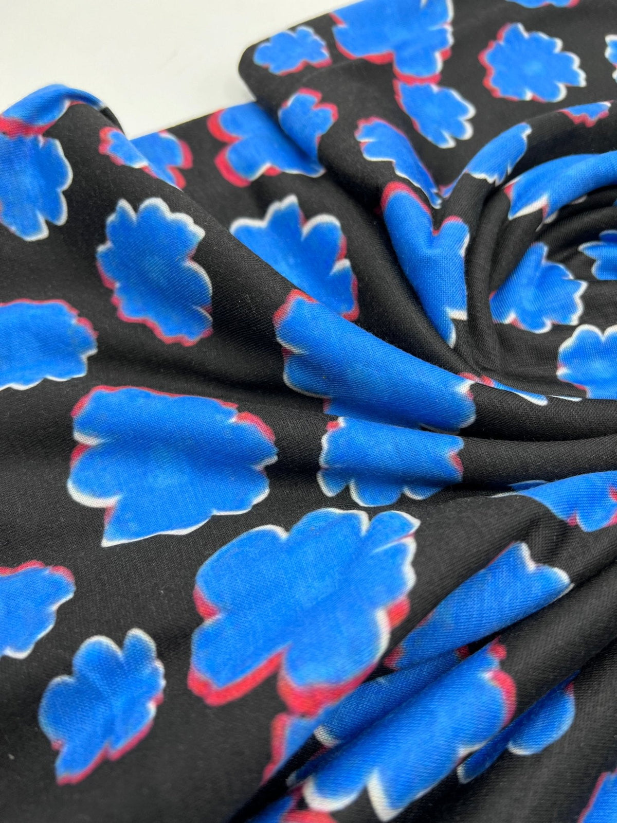 Black Blue Large Floral Print Spun Poly Stretch Fabric