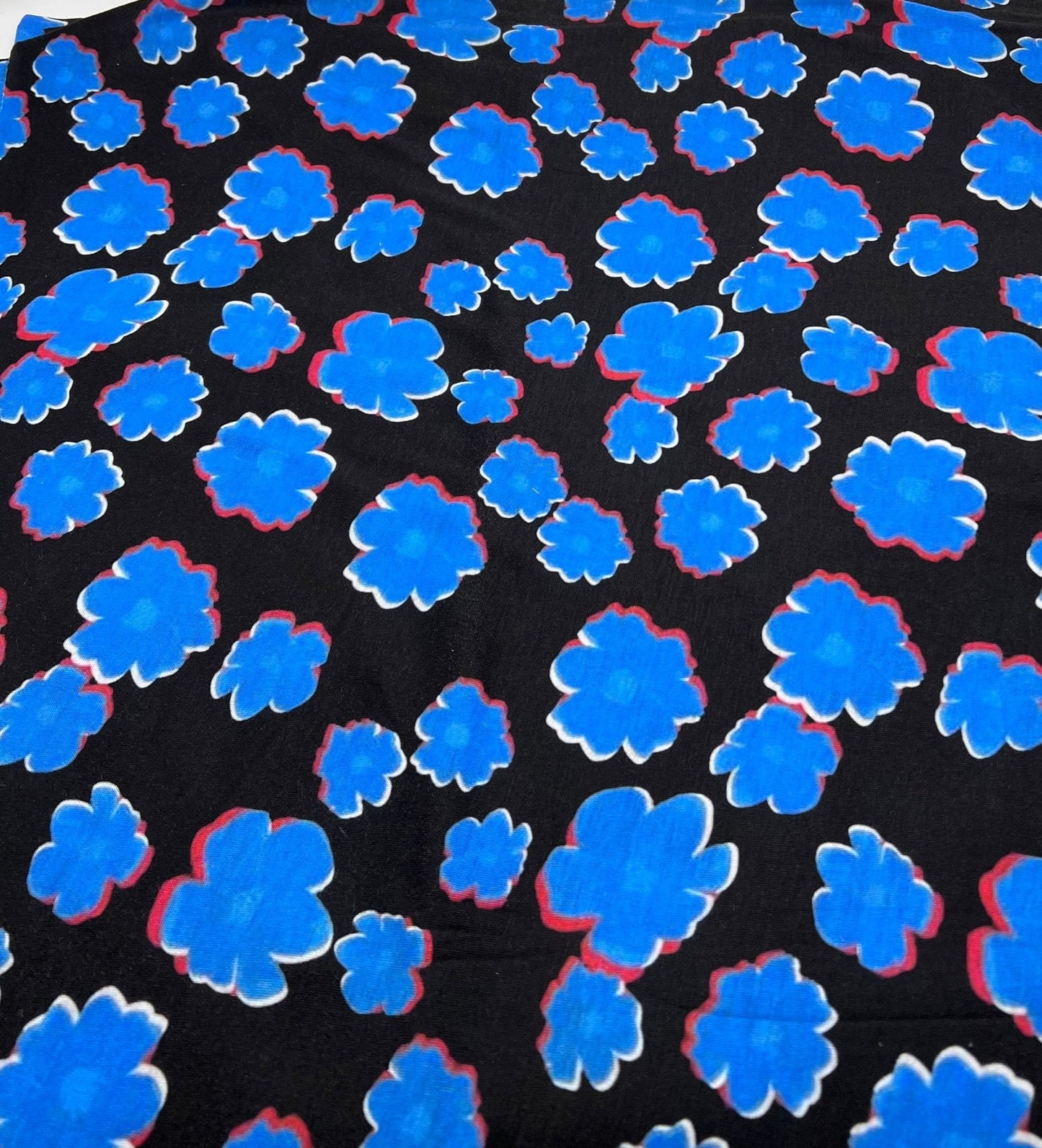 Black Blue Large Floral Print Spun Poly Stretch Fabric