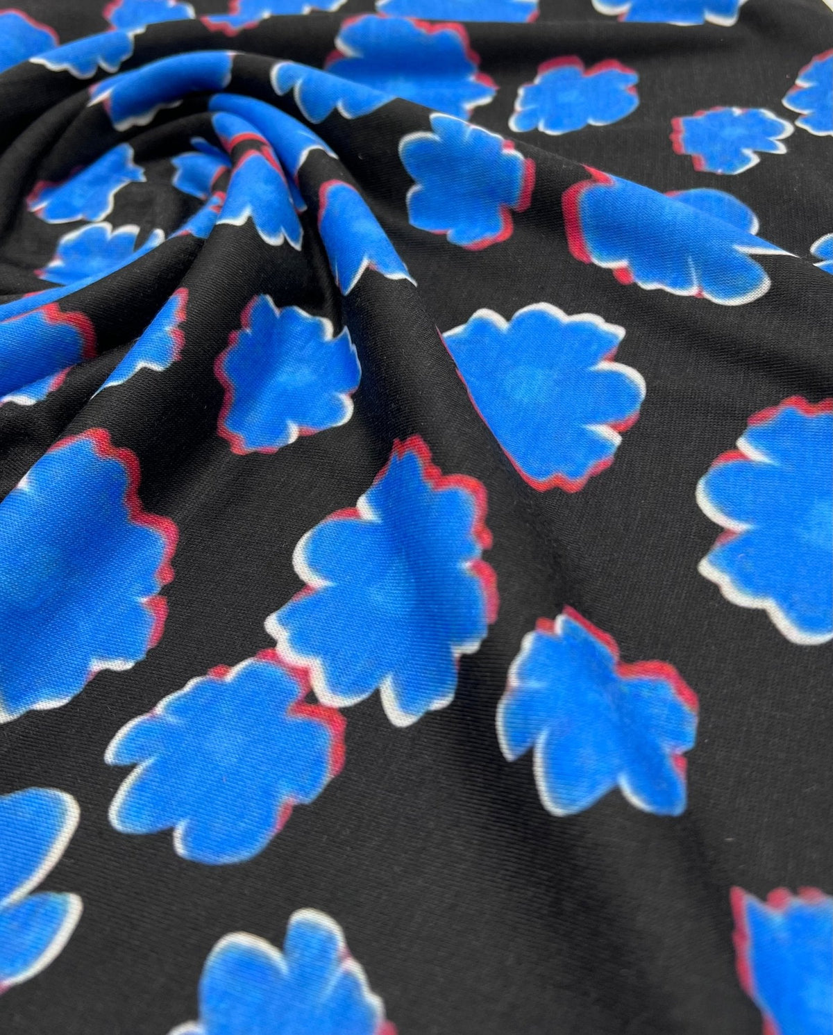 Black Blue Large Floral Print Spun Poly Stretch Fabric