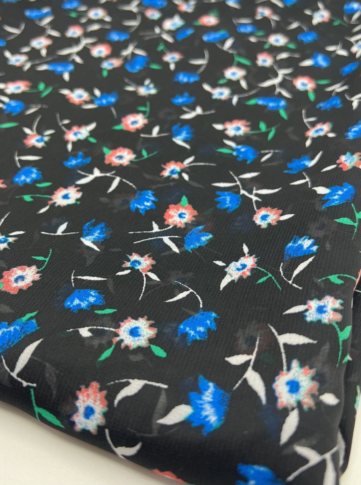 Black Blue Red Ditsy Floral Printed Chiffon Dress Fabric