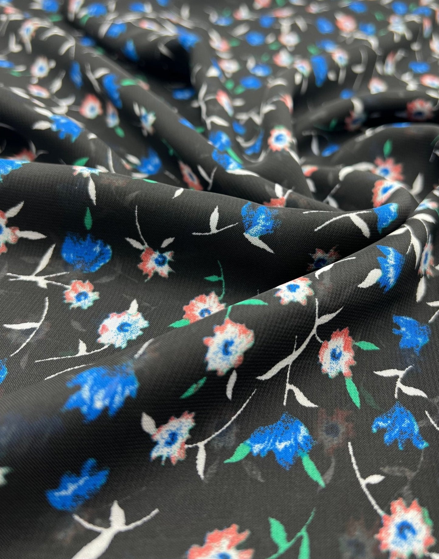 Black Blue Red Ditsy Floral Printed Chiffon Dress Fabric