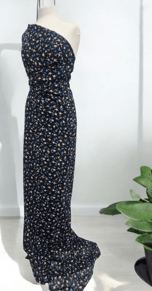 Black Blue Red Ditsy Floral Printed Chiffon Dress Fabric