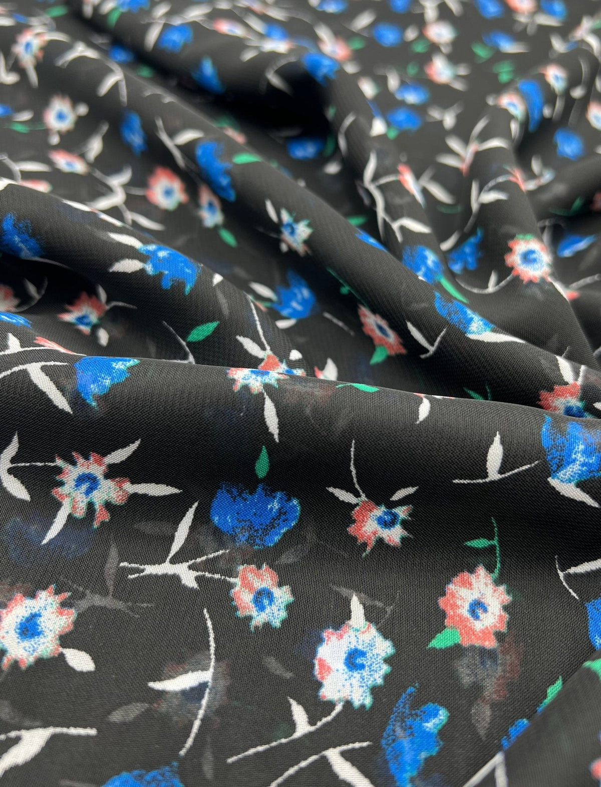 Black Blue Red Ditsy Floral Printed Chiffon Dress Fabric