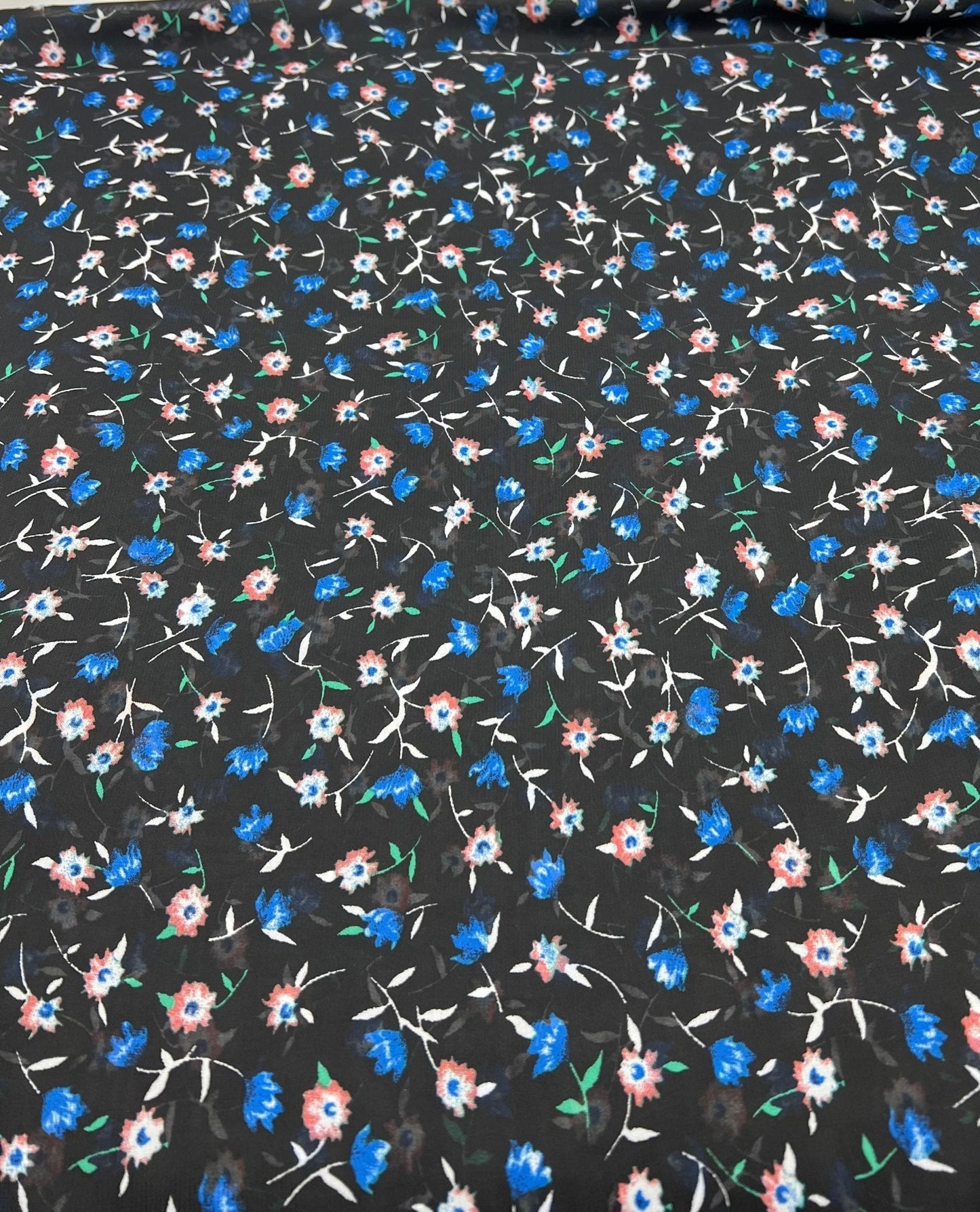 Black Blue Red Ditsy Floral Printed Chiffon Dress Fabric