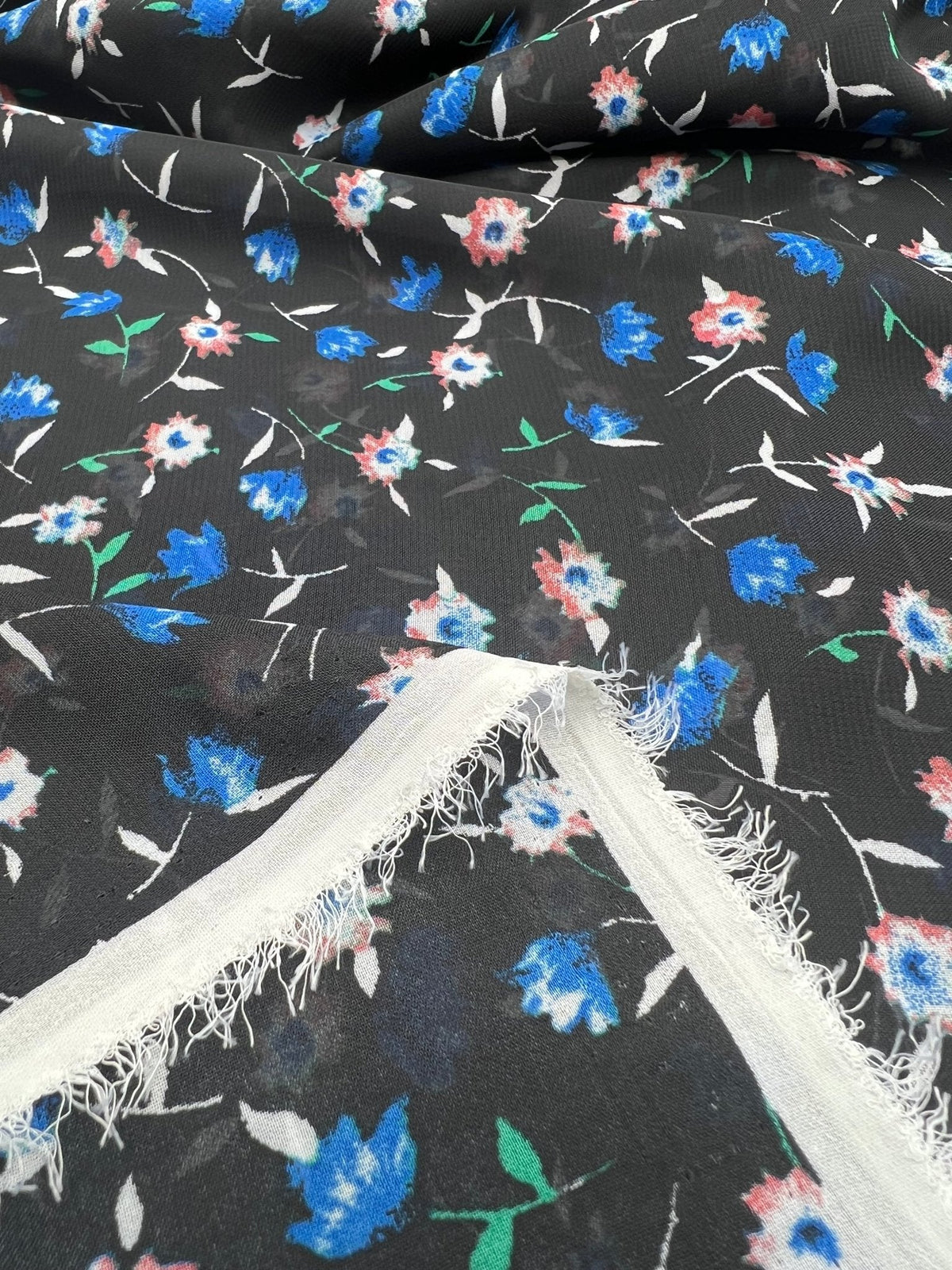 Black Blue Red Ditsy Floral Printed Chiffon Dress Fabric