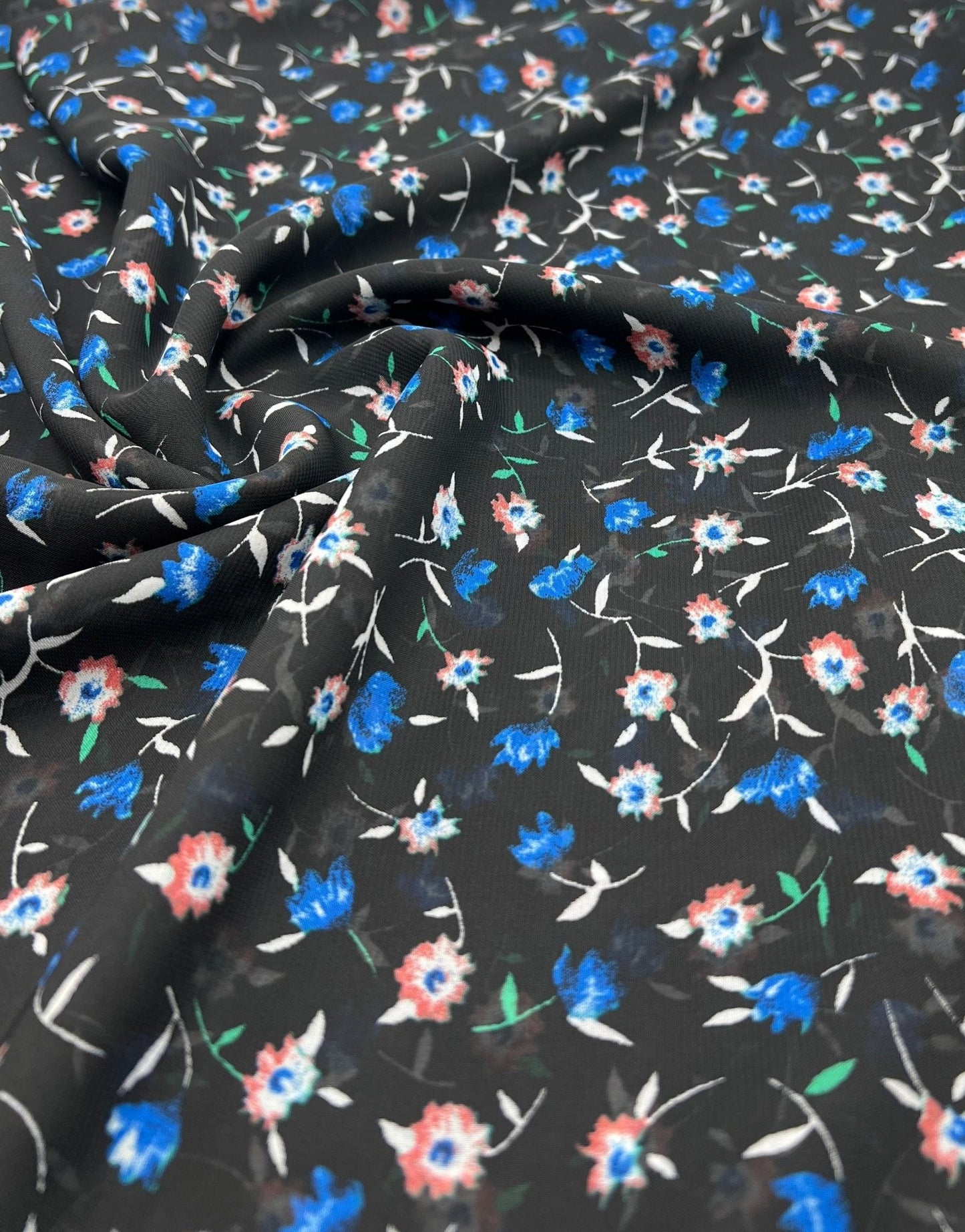 Black Blue Red Ditsy Floral Printed Chiffon Dress Fabric