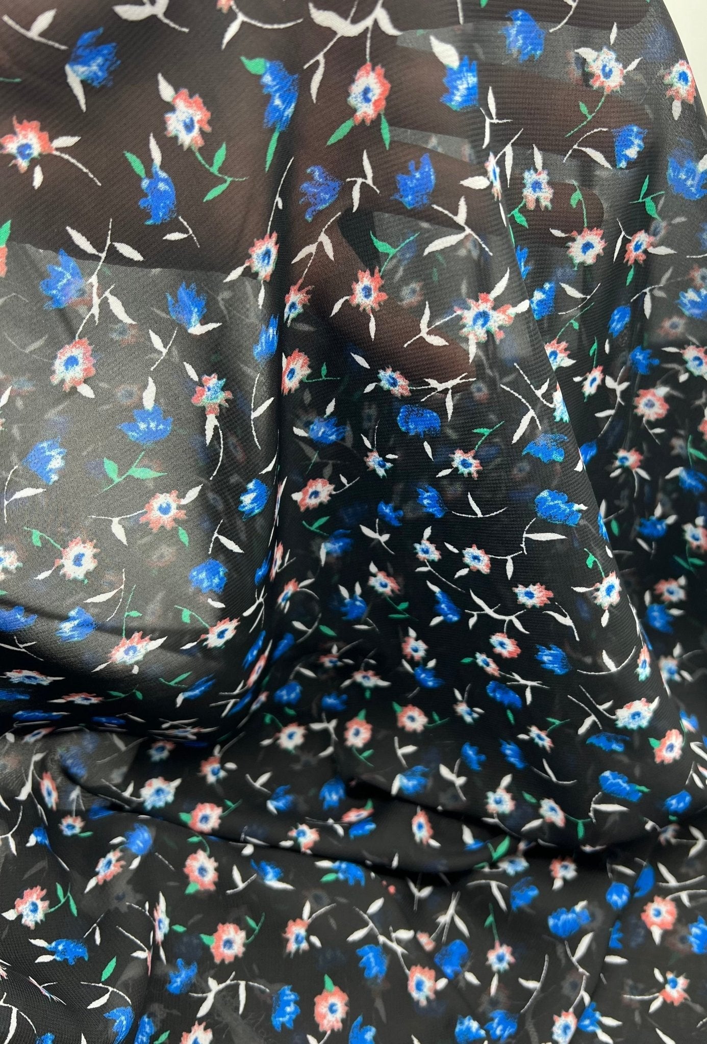 Black Blue Red Ditsy Floral Printed Chiffon Dress Fabric