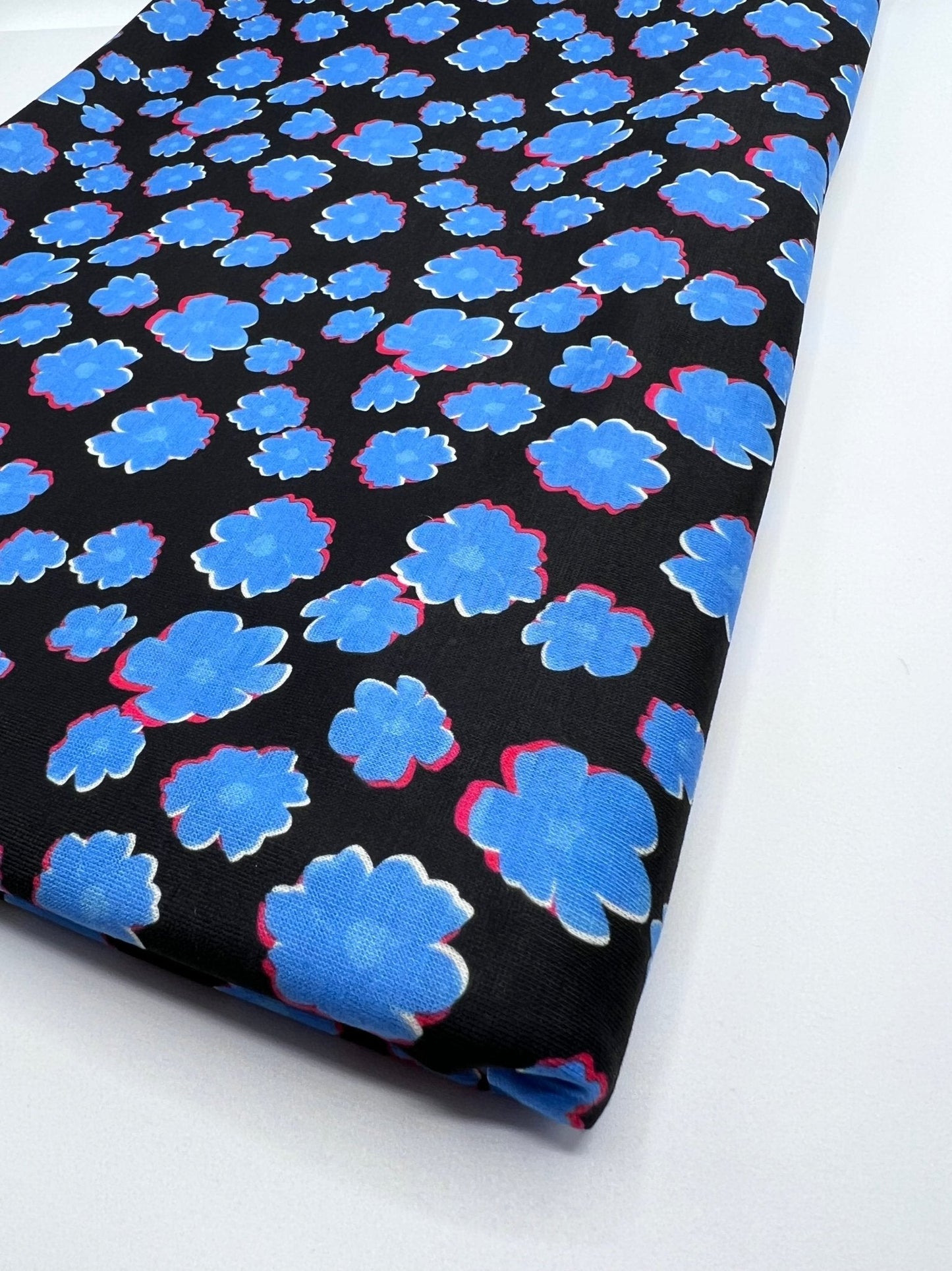 Black Blue Small Floral Print Spun Poly Stretch Fabric