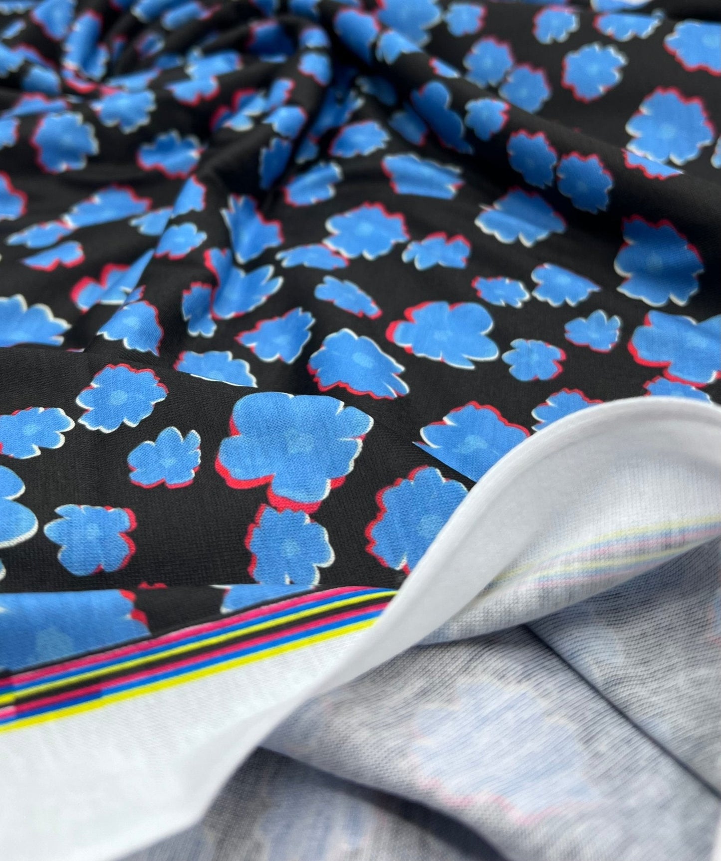 Black Blue Small Floral Print Spun Poly Stretch Fabric