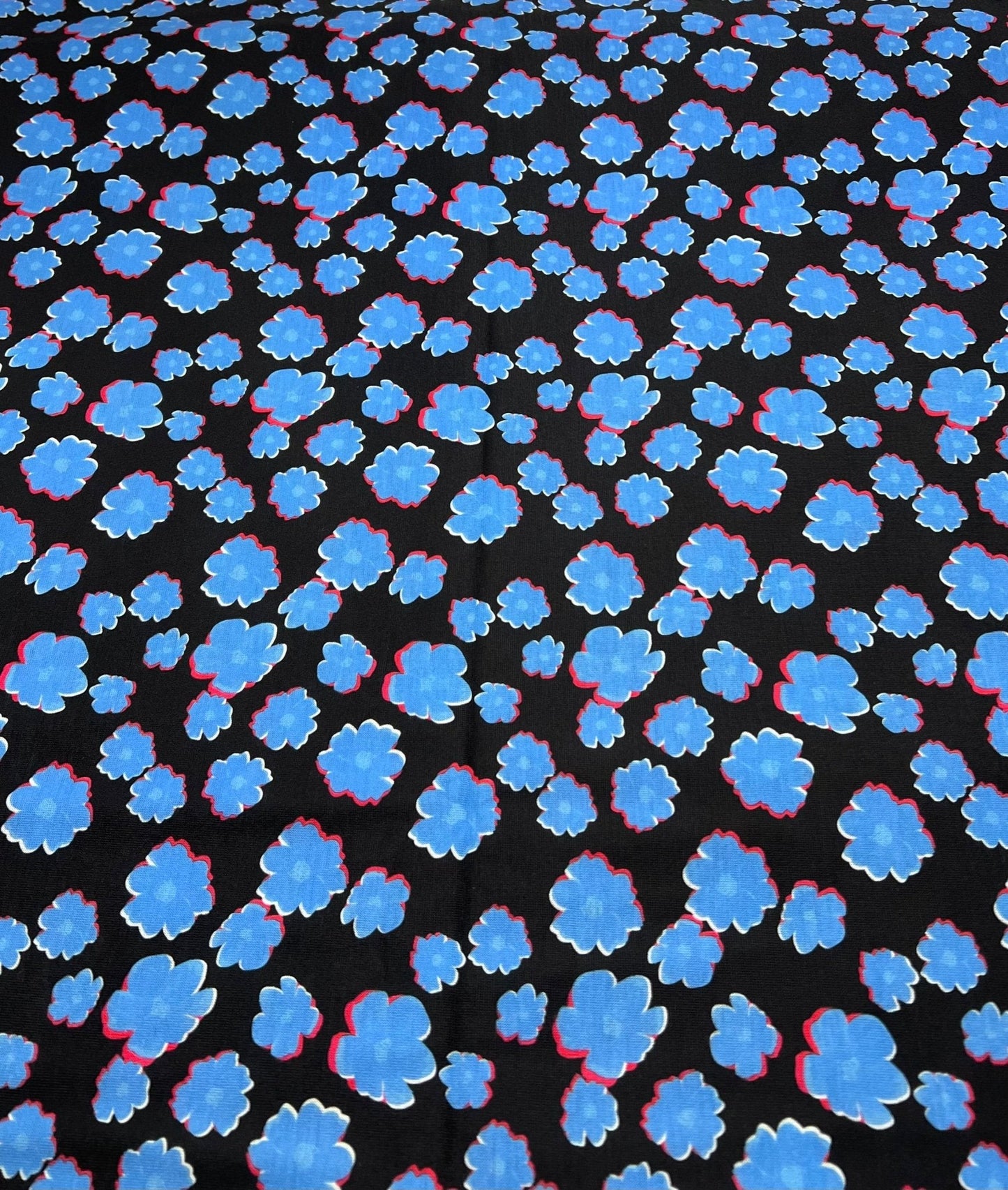 Black Blue Small Floral Print Spun Poly Stretch Fabric