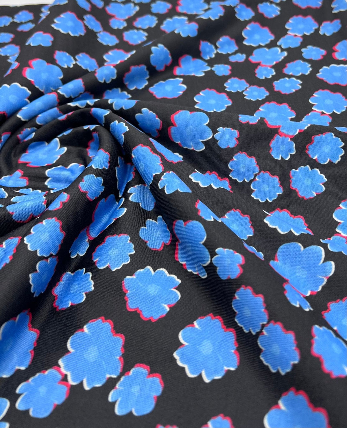 Black Blue Small Floral Print Spun Poly Stretch Fabric