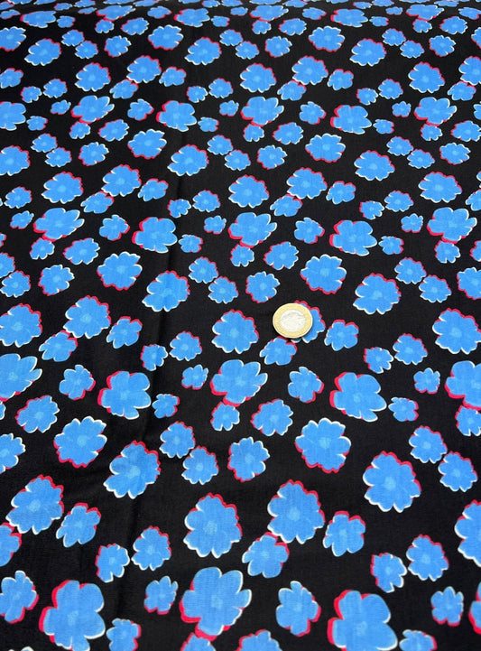 Black Blue Small Floral Print Spun Poly Stretch Fabric