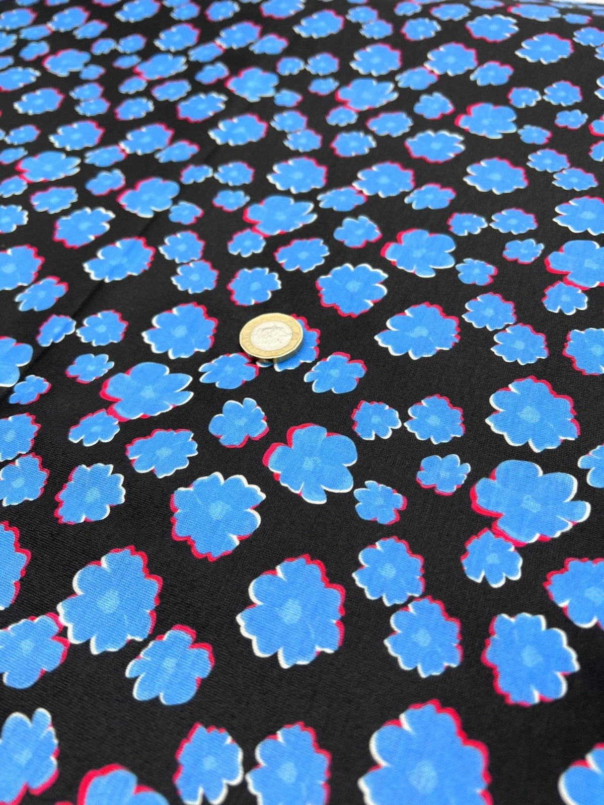 Black Blue Small Floral Print Spun Poly Stretch Fabric