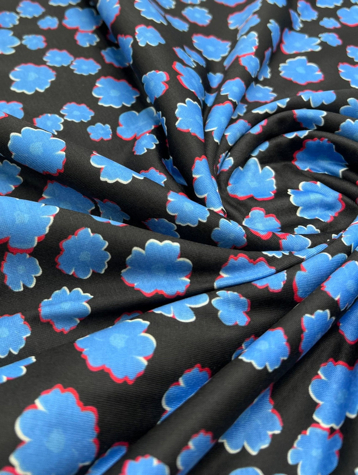 Black Blue Small Floral Print Spun Poly Stretch Fabric