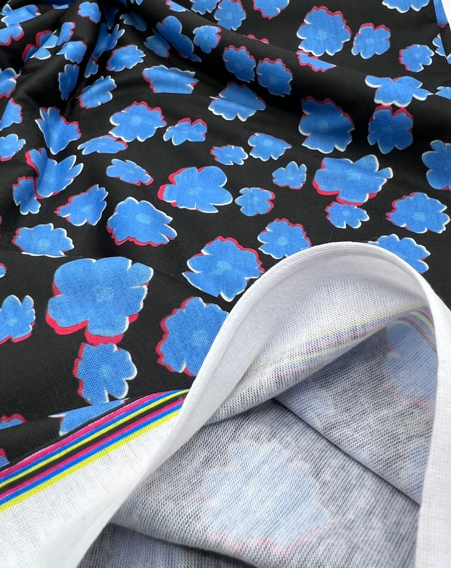 Black Blue Small Floral Print Spun Poly Stretch Fabric