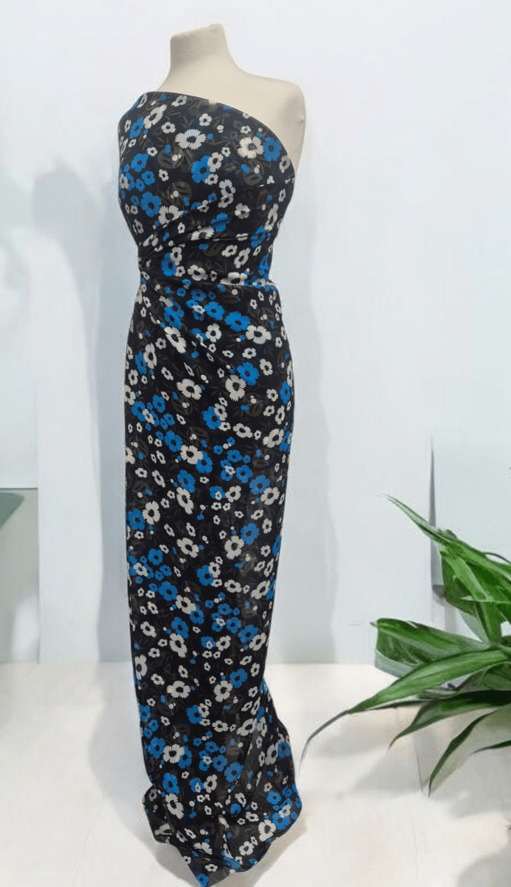 Black Blue White Floral Printed Chiffon Dress Fabric