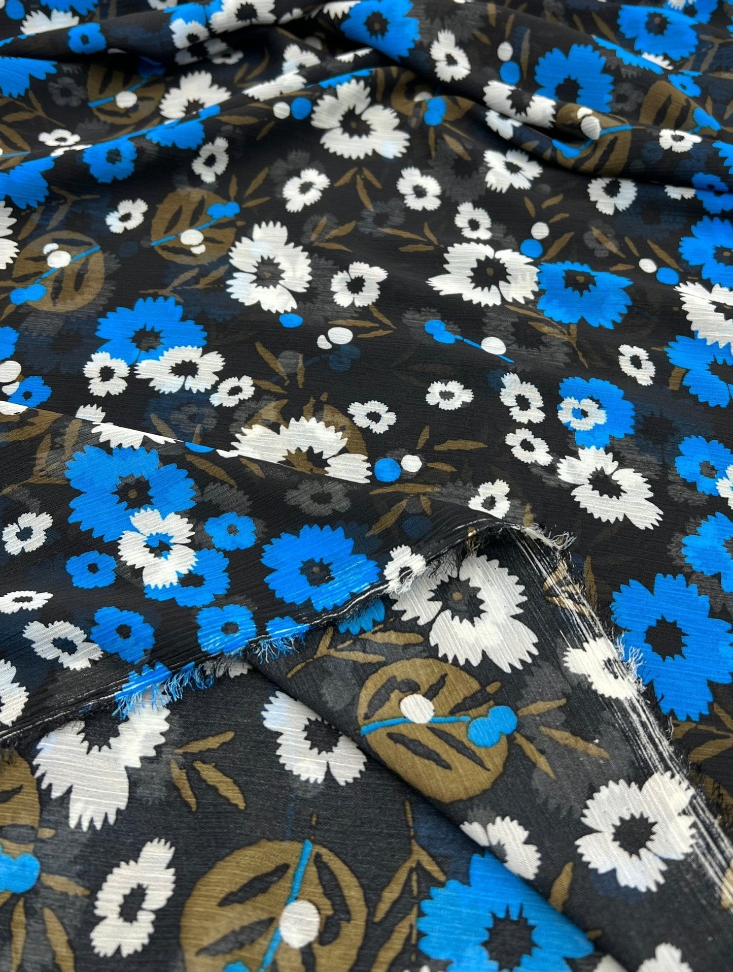 Black Blue White Floral Printed Chiffon Dress Fabric
