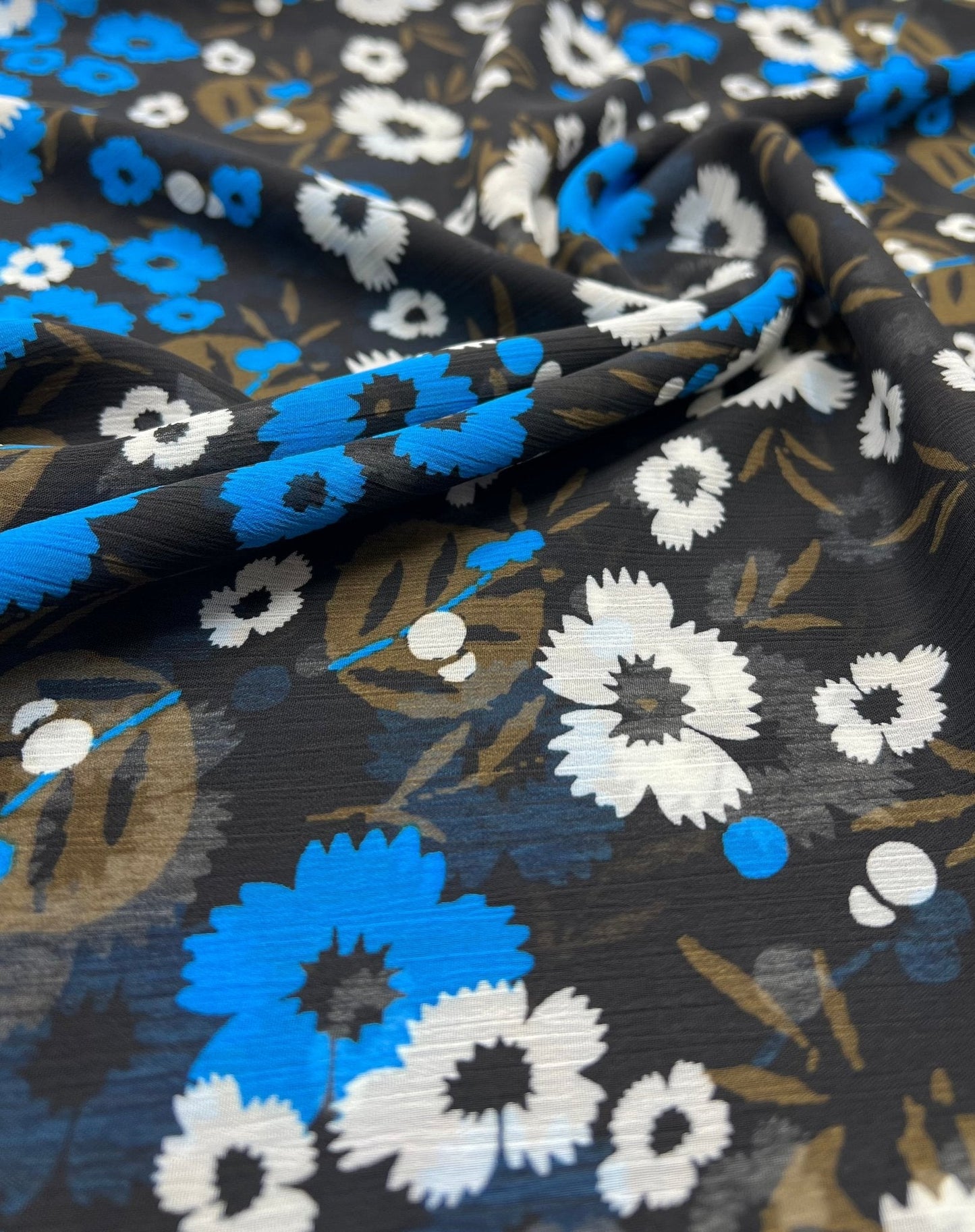 Black Blue White Floral Printed Chiffon Dress Fabric