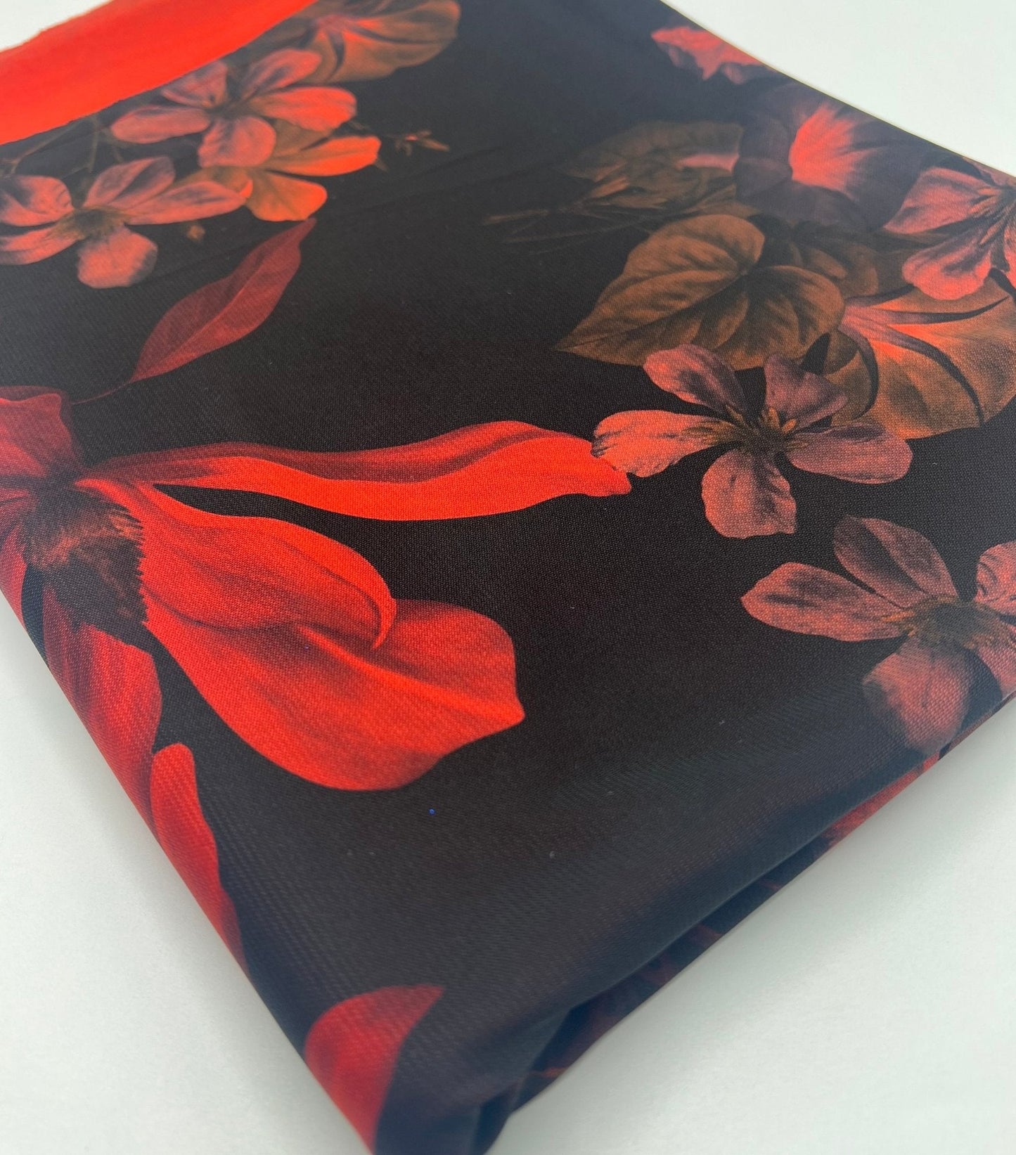 Black Bright Red Floral Print ITY Fabric 2 Way Stretch