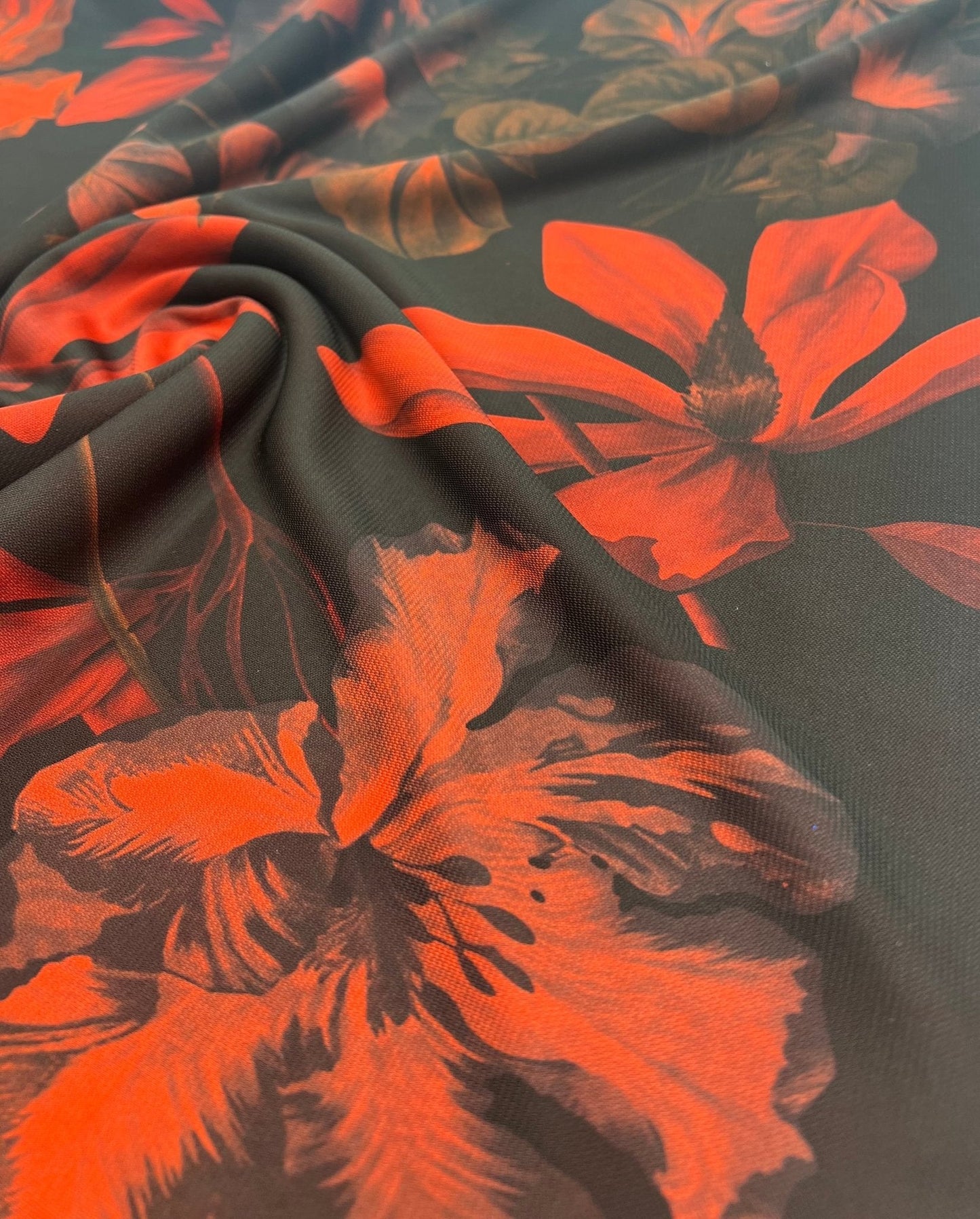 Black Bright Red Floral Print ITY Fabric 2 Way Stretch