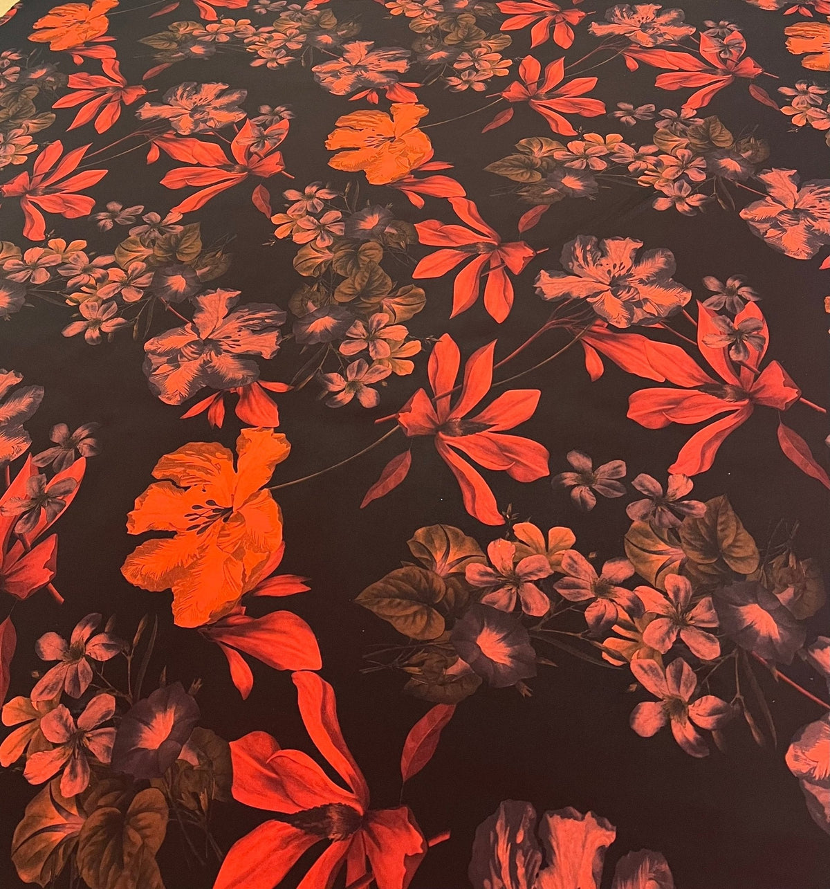 Black Bright Red Floral Print ITY Fabric 2 Way Stretch