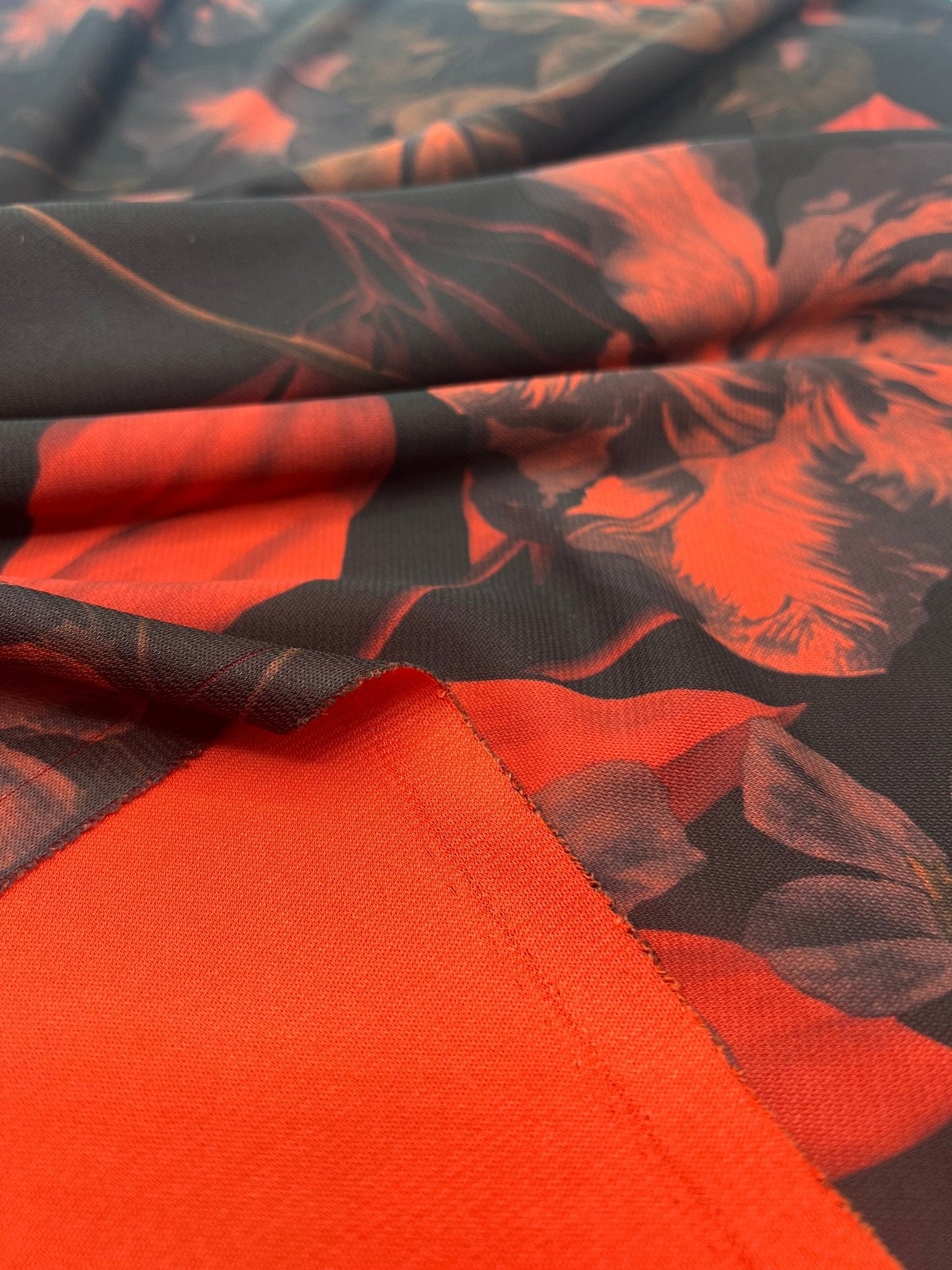 Black Bright Red Floral Print ITY Fabric 2 Way Stretch