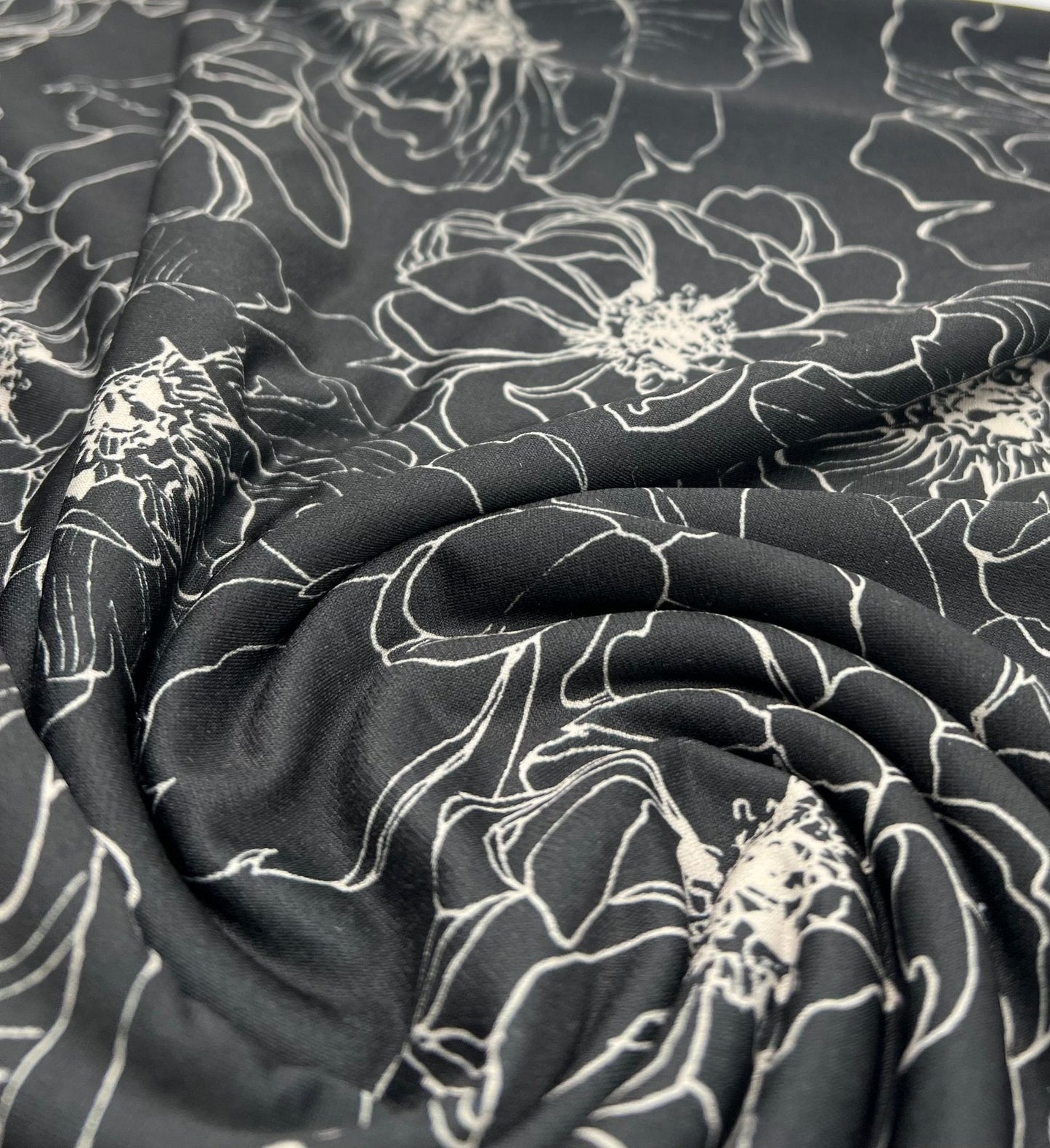 Black Cream Flower Print ITY Fabric 2 Way Stretch