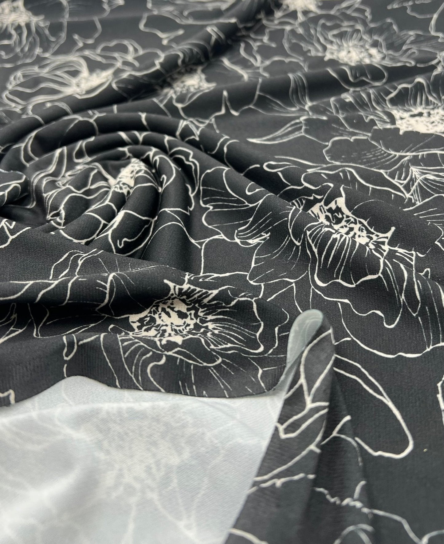 Black Cream Flower Print ITY Fabric 2 Way Stretch