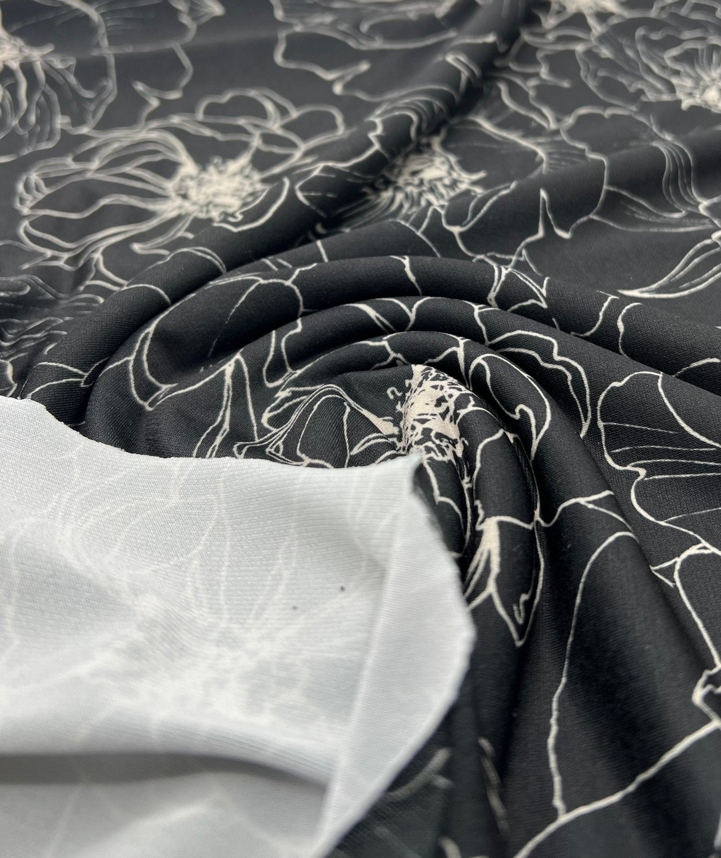Black Cream Flower Print ITY Fabric 2 Way Stretch