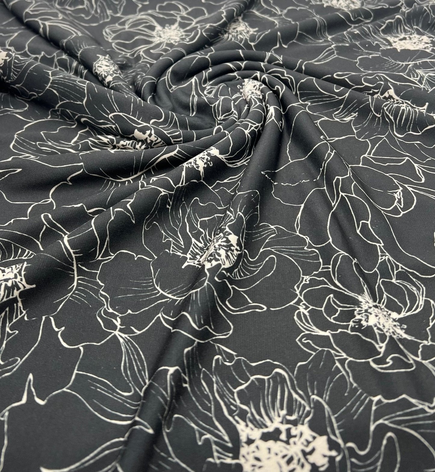 Black Cream Flower Print ITY Fabric 2 Way Stretch