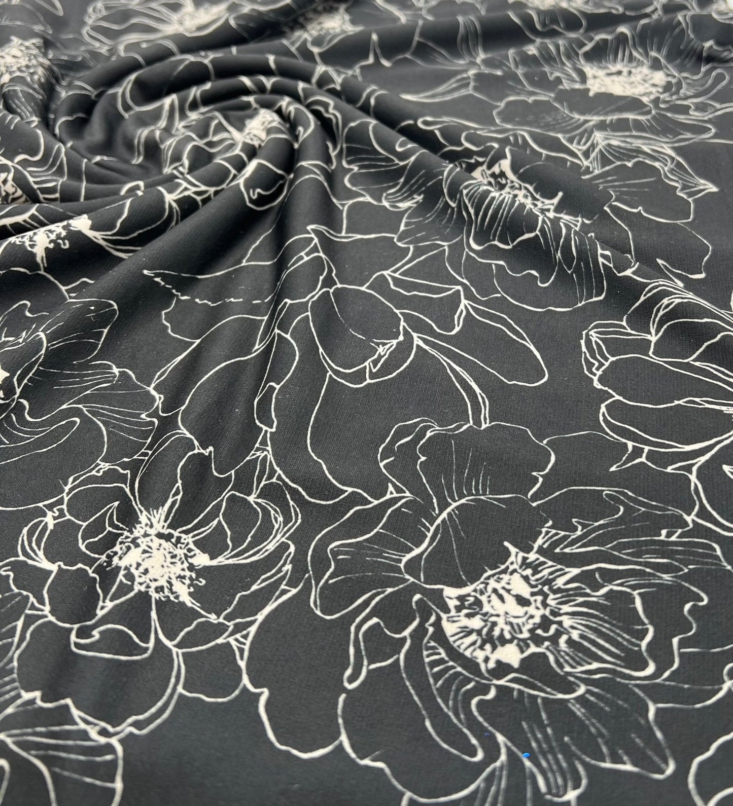 Black Cream Flower Print ITY Fabric 2 Way Stretch
