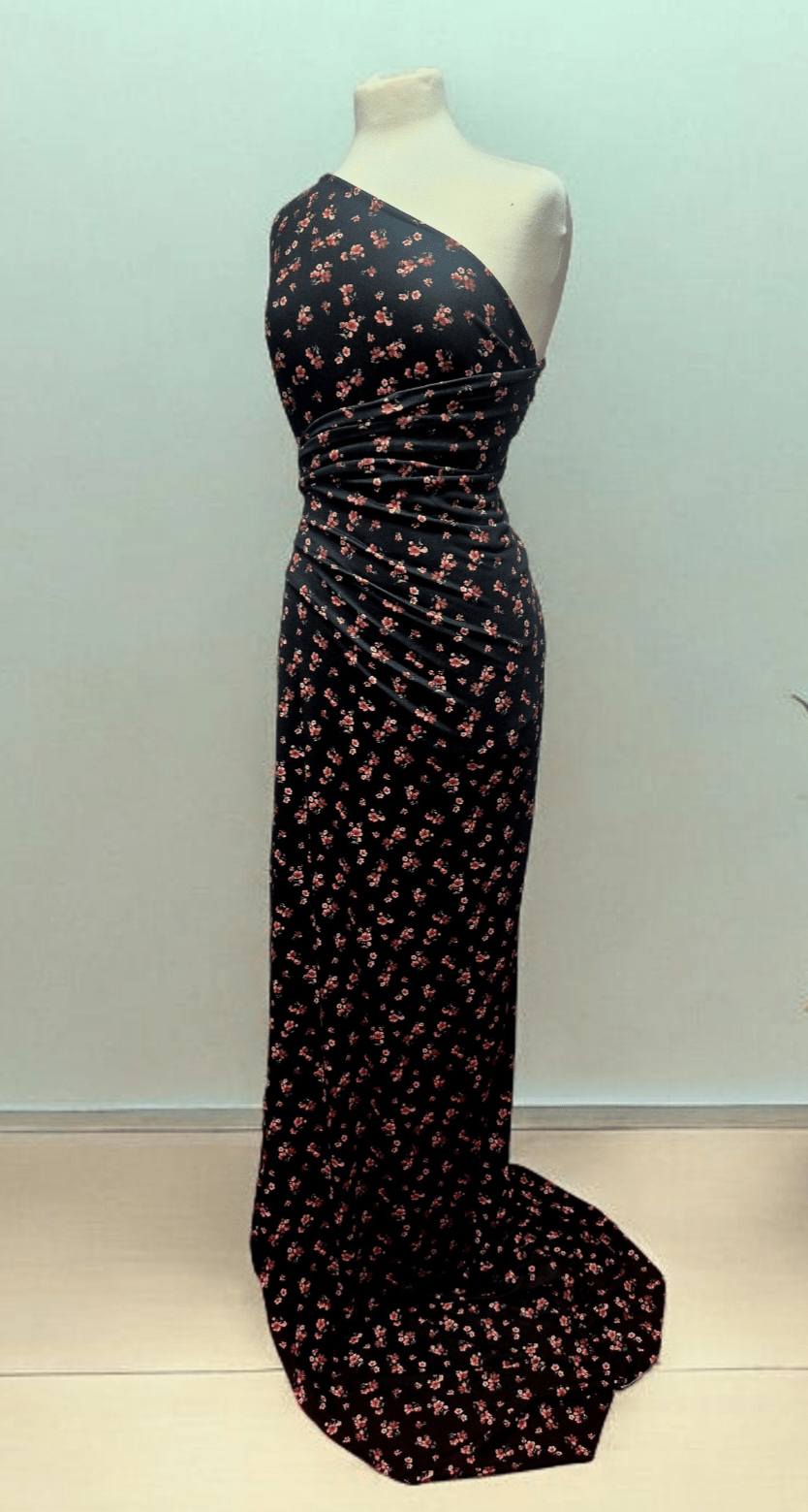 Black Ditsy Floral Rose Print Spun Poly Stretch Fabric