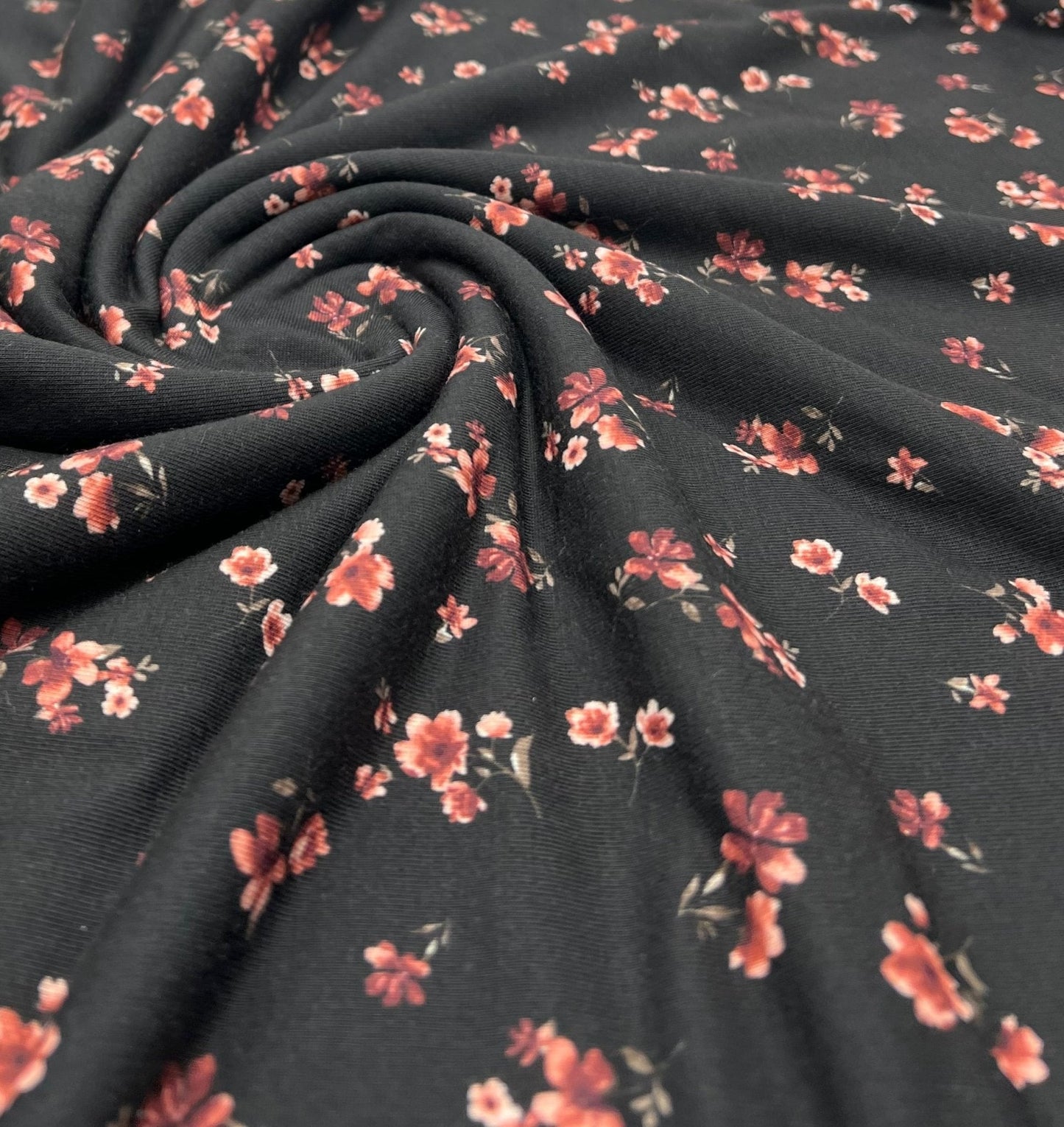 Black Ditsy Floral Rose Print Spun Poly Stretch Fabric