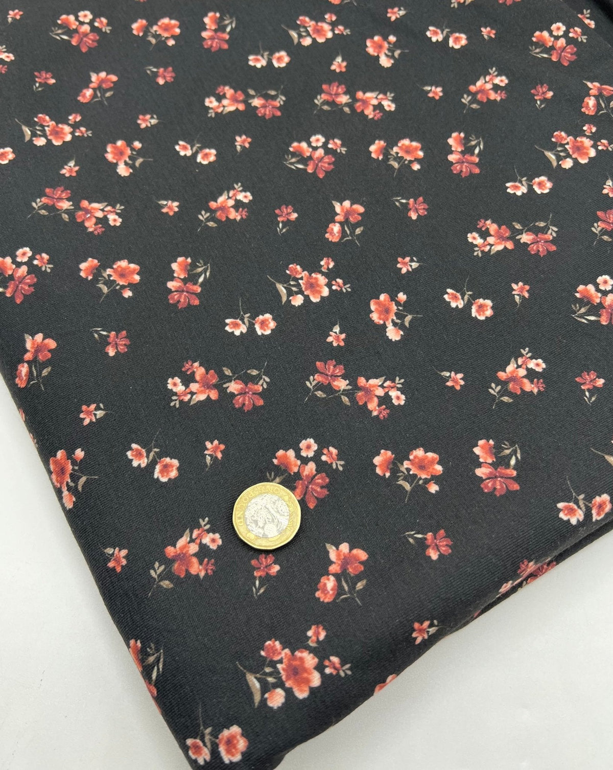 Black Ditsy Floral Rose Print Spun Poly Stretch Fabric