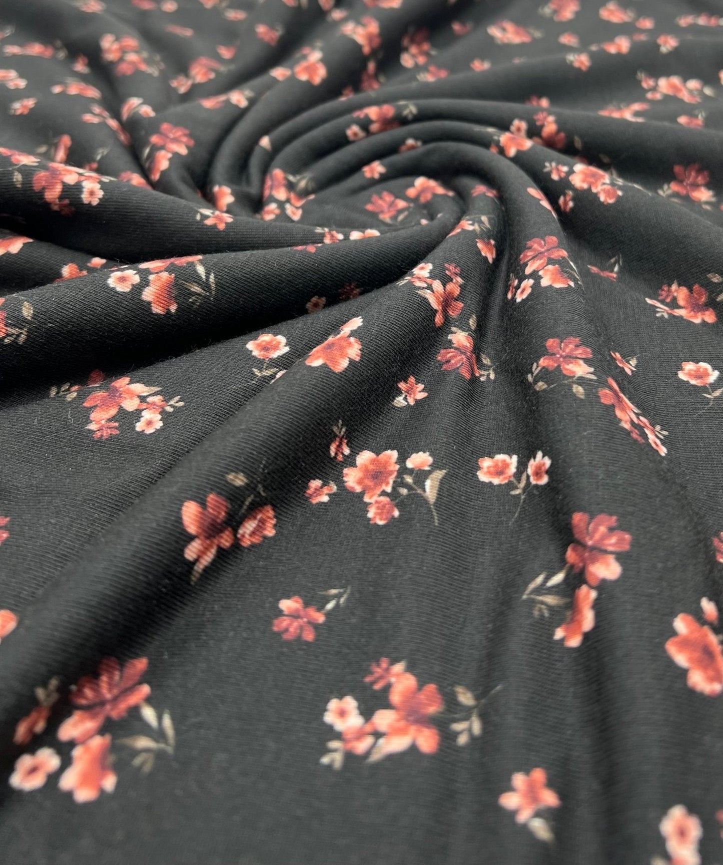 Black Ditsy Floral Rose Print Spun Poly Stretch Fabric