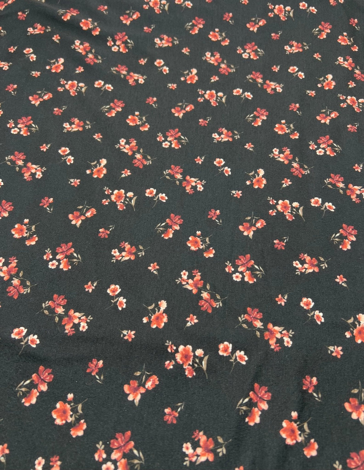 Black Ditsy Floral Rose Print Spun Poly Stretch Fabric