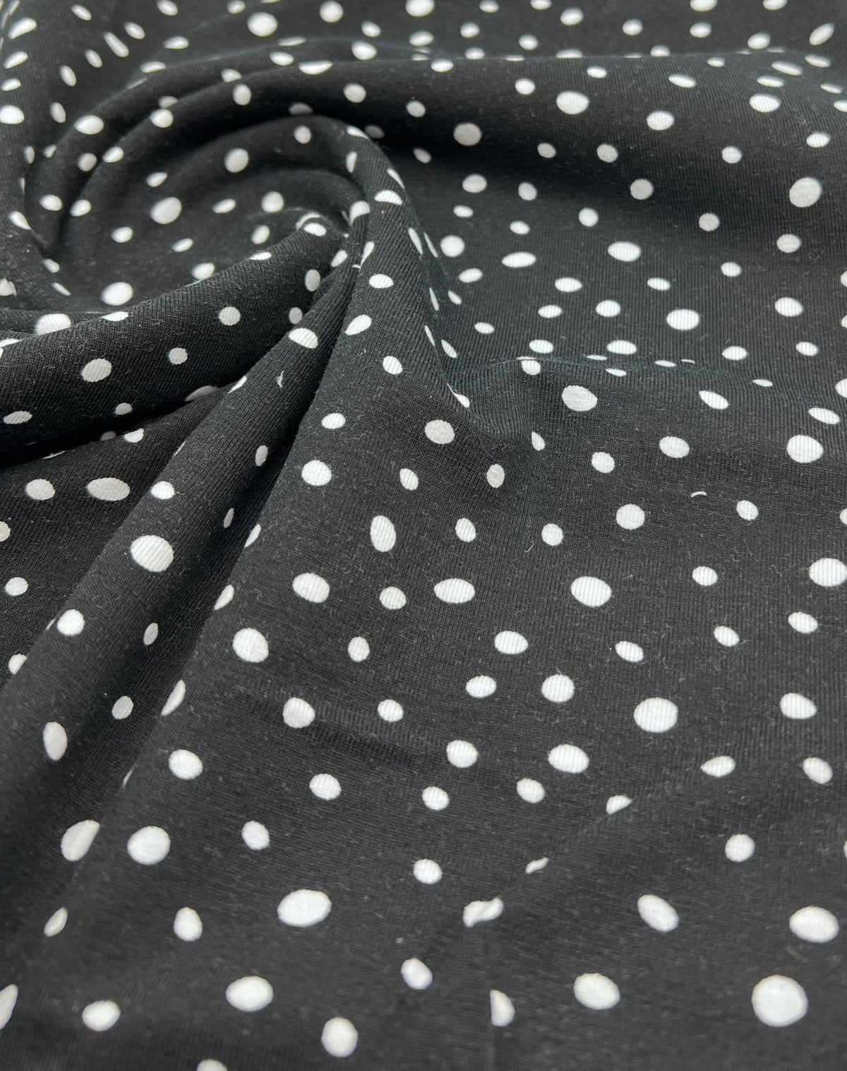 Black Dots Cotton Stretch Jersey 200 GSM 95/5 Lycra 4 Way Stretch