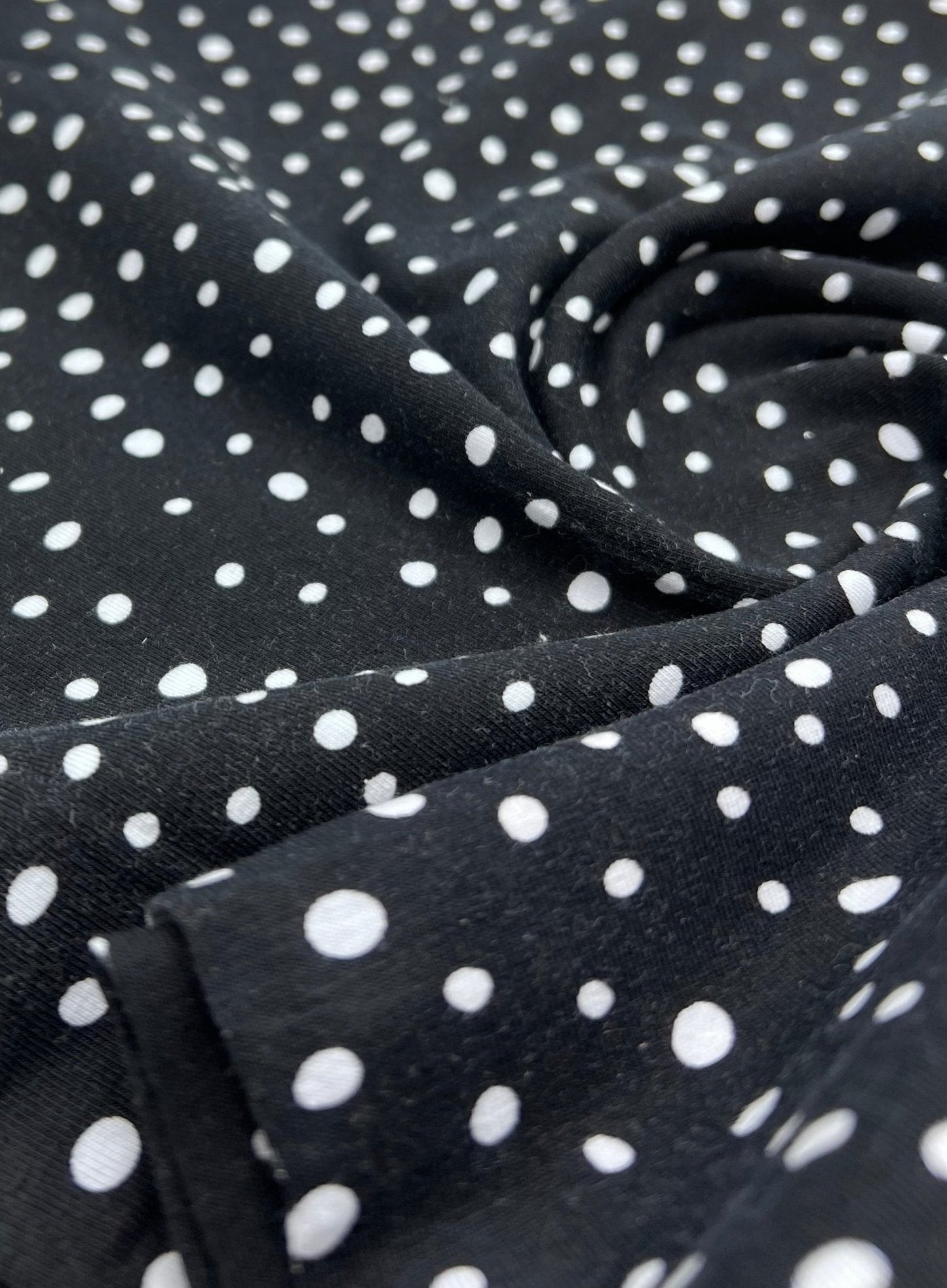 Black Dots Cotton Stretch Jersey 200 GSM 95/5 Lycra 4 Way Stretch