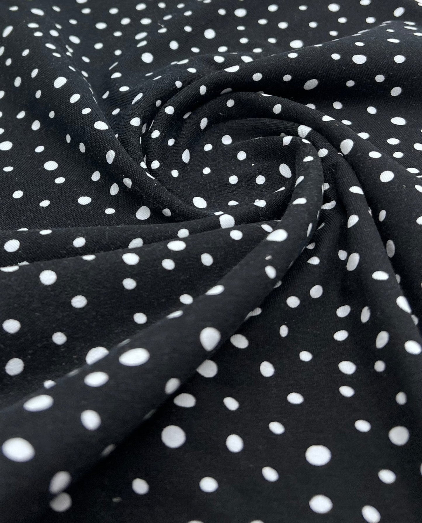 Black Dots Cotton Stretch Jersey 200 GSM 95/5 Lycra 4 Way Stretch