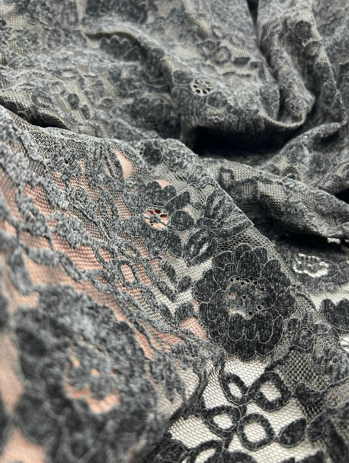 Black Embossed Textured Scalloped Edge Floral Lace Fabric Stretch