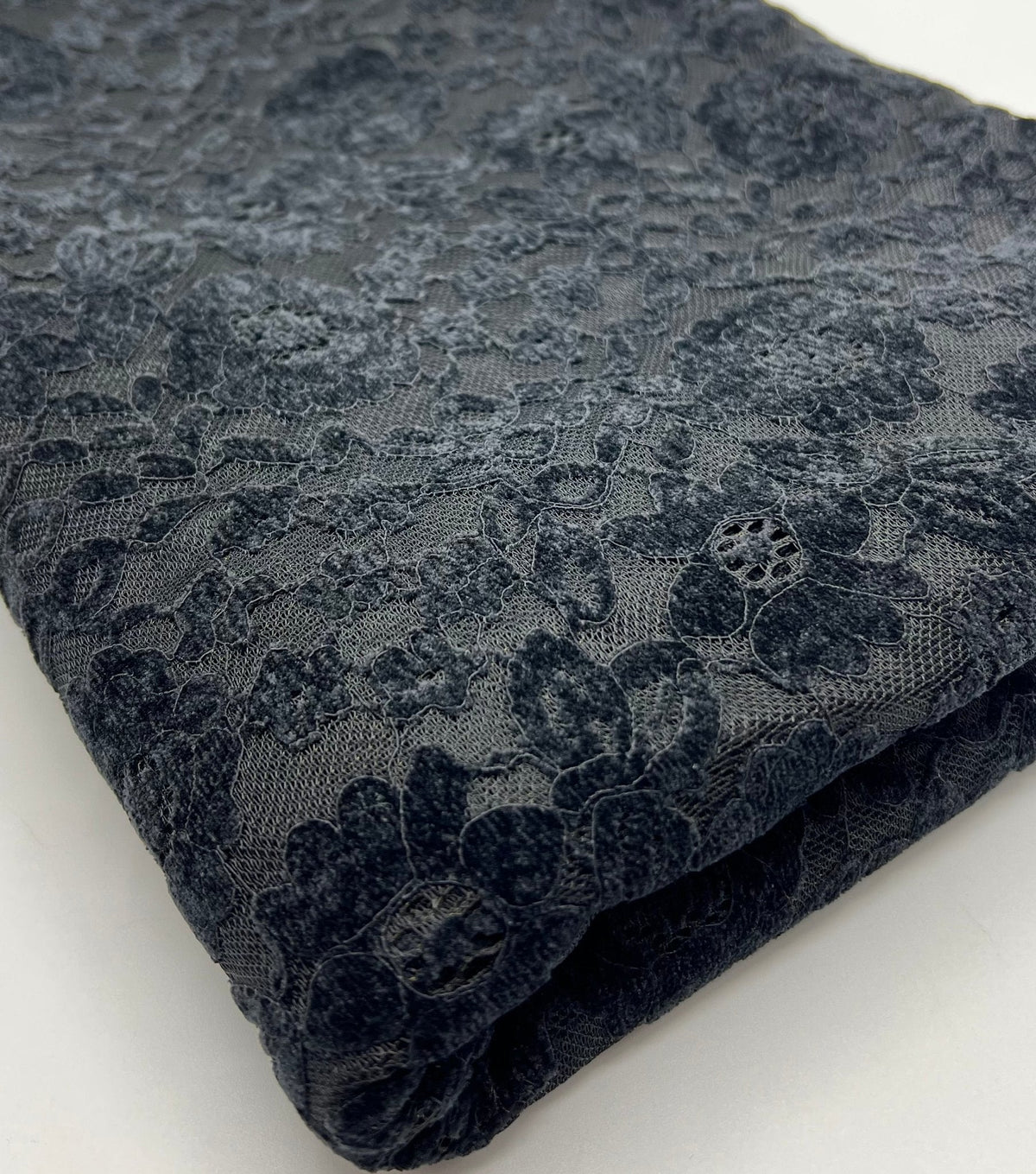 Black Embossed Textured Scalloped Edge Floral Lace Fabric Stretch