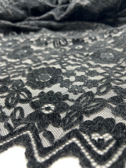 Black Embossed Textured Scalloped Edge Floral Lace Fabric Stretch