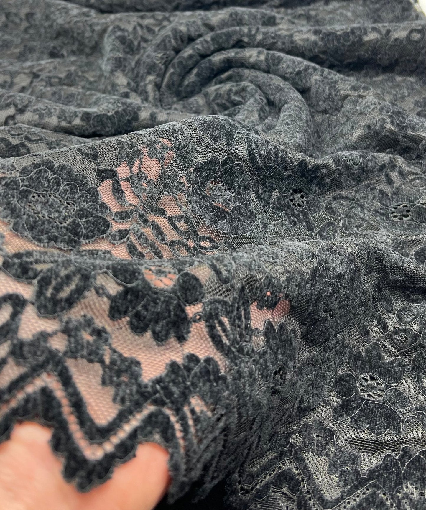 Black Embossed Textured Scalloped Edge Floral Lace Fabric Stretch