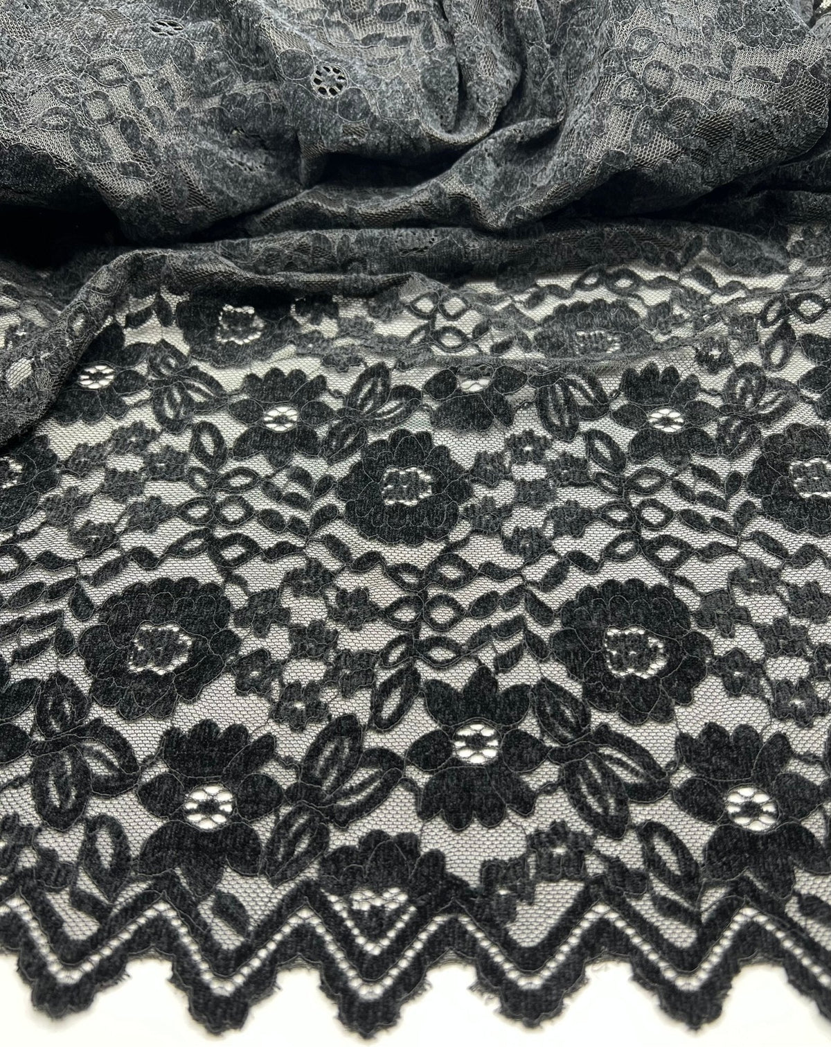Black Embossed Textured Scalloped Edge Floral Lace Fabric Stretch