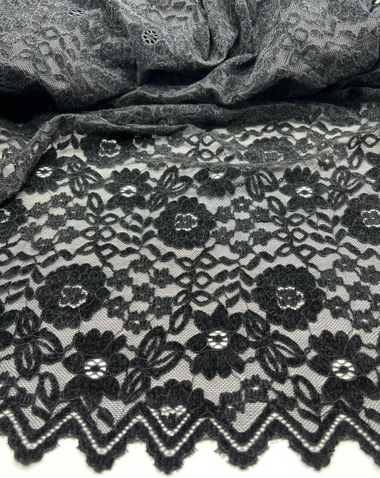 Black Embossed Textured Scalloped Edge Floral Lace Fabric Stretch