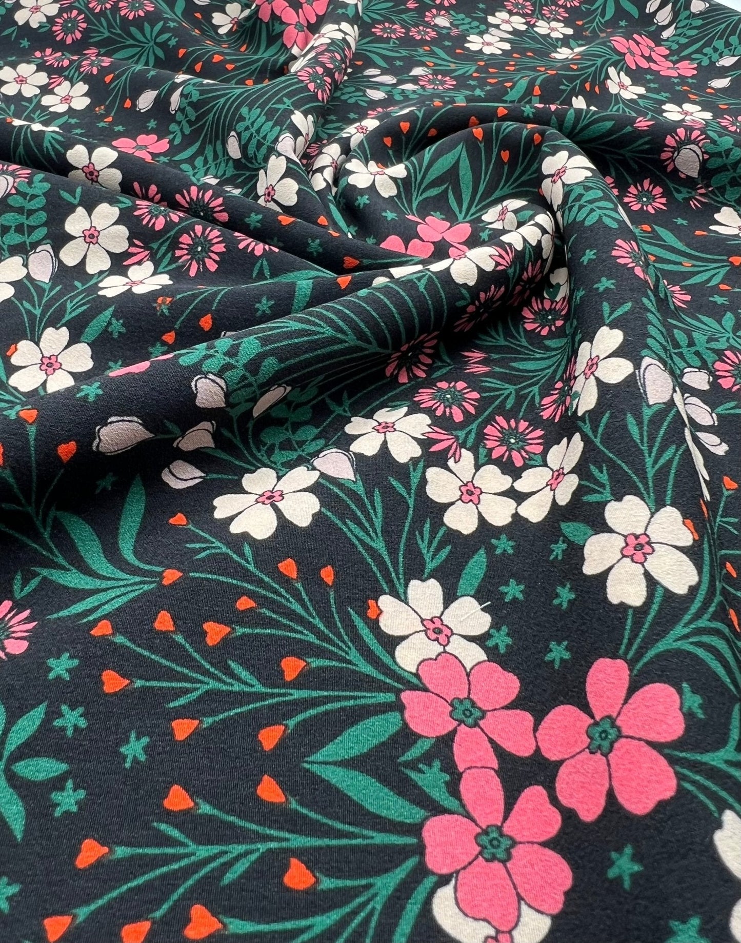 Black Floral Leaves Lightweight Non Stretch Woven Dress Craft Fabric