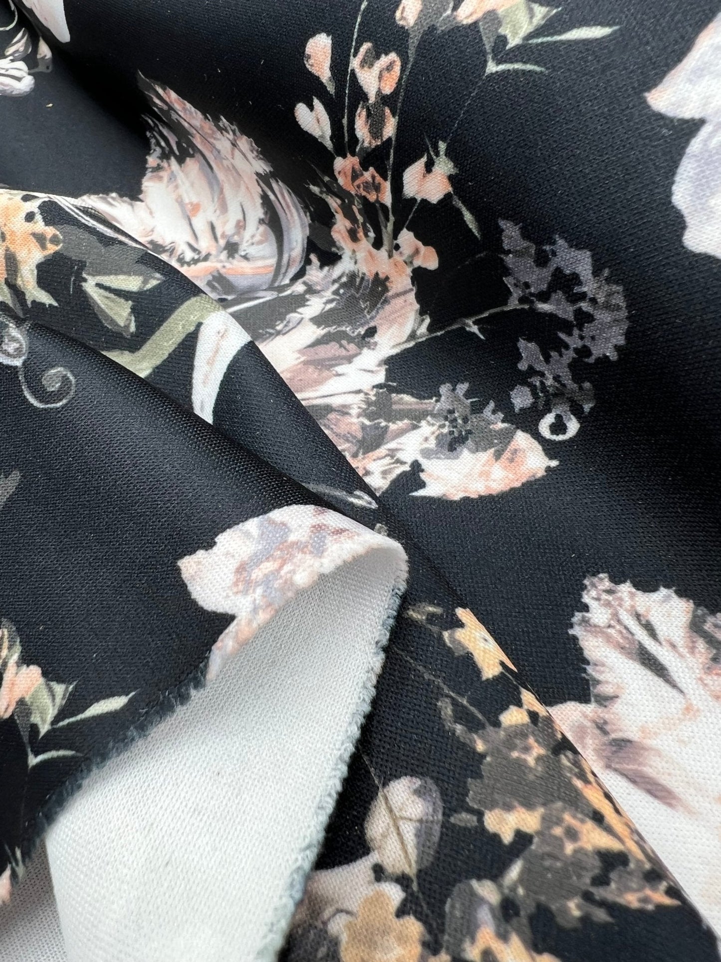 Black Floral Printed Plain Scuba 4 Way Stretch Jersey Fabric