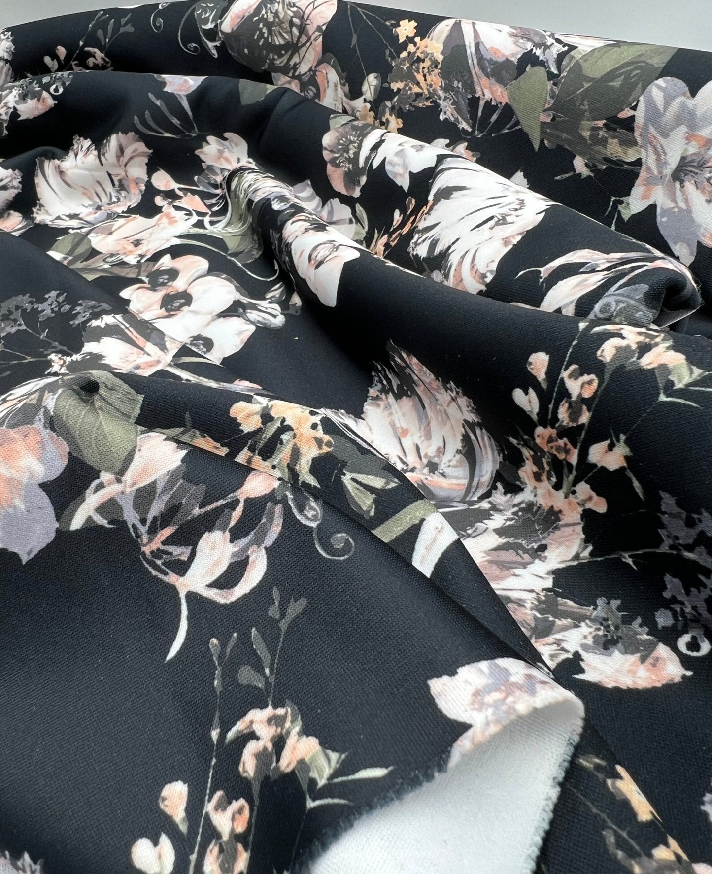 Black Floral Printed Plain Scuba 4 Way Stretch Jersey Fabric