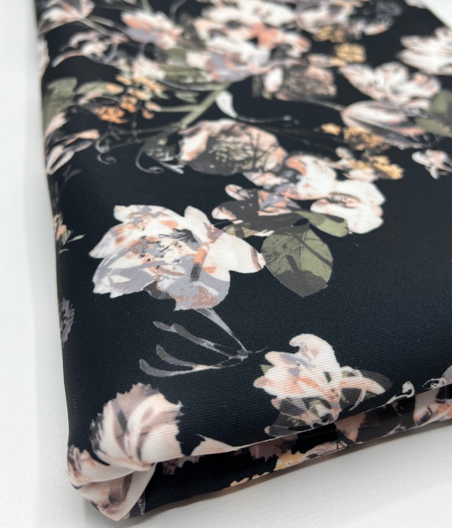 Black Floral Printed Plain Scuba 4 Way Stretch Jersey Fabric