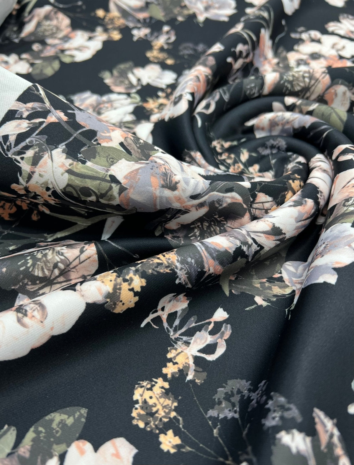 Black Floral Printed Plain Scuba 4 Way Stretch Jersey Fabric